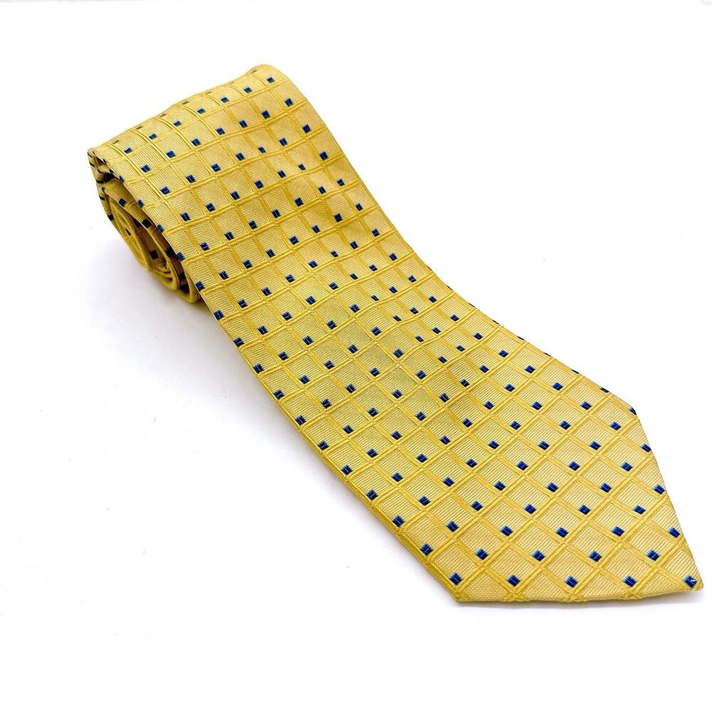 Paul Fredrick Classic Tie Yellow‎ Blue Geometric Circles 100% Silk Handmade